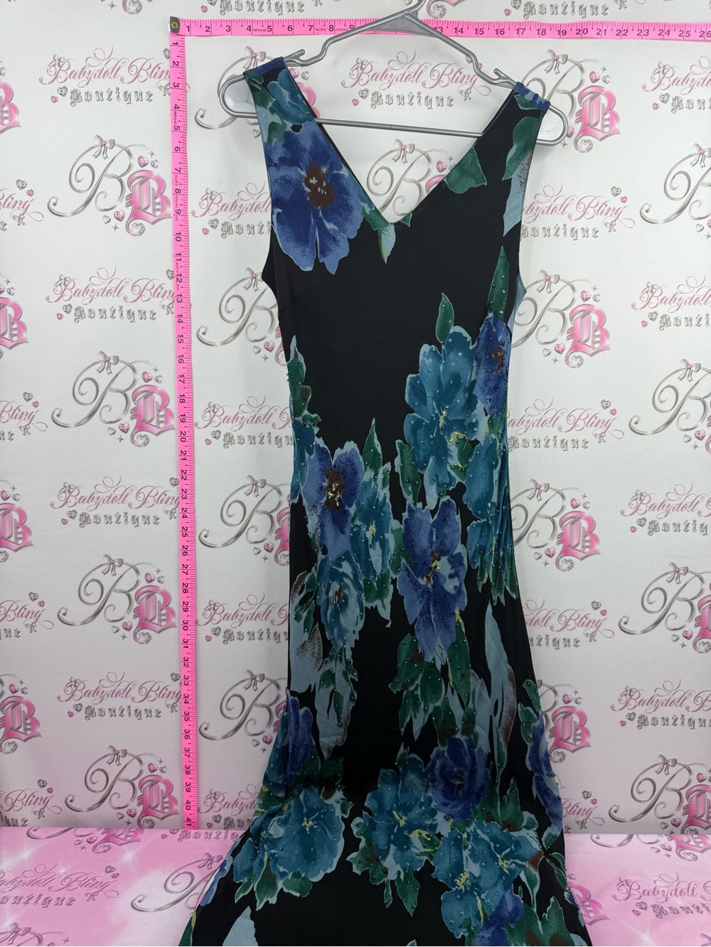BELLESSA dress beaded Sleeveless Black Maxi Dress with Blue Floral Print